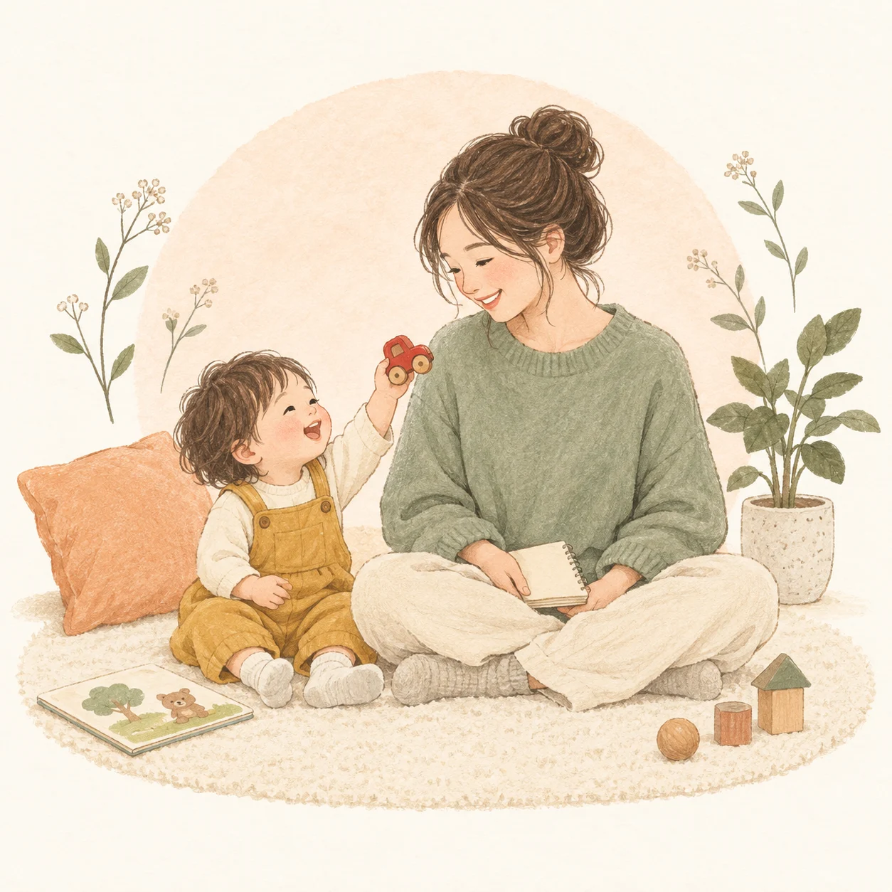 おもちゃの車を見せる子どもと、ノートを手にほほえむお母さんのイラスト